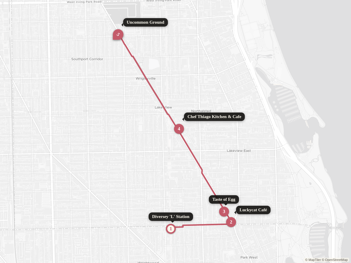 Walking route from Diversey Brown/Purple Line (Diversey & Sheffield) to Uncommon Ground, with stops along the way.