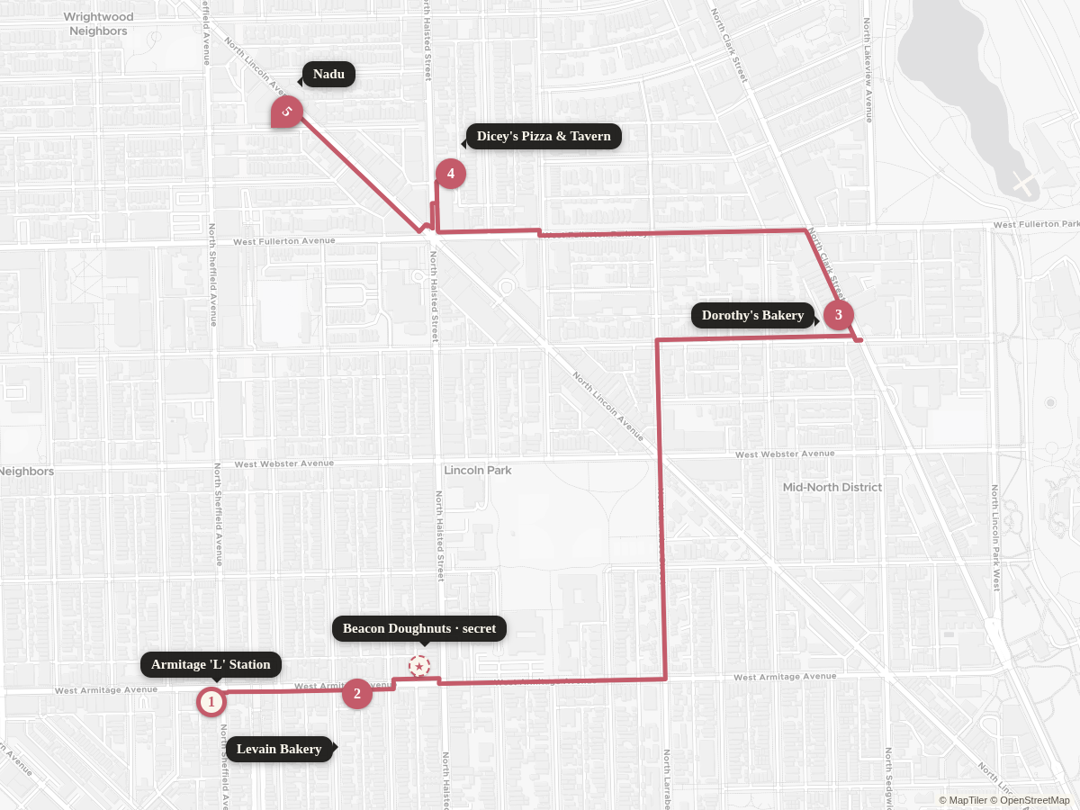 Walking route from Armitage Brown Line (Armitage & Sheffield) to Nadu, with stops along the way.
