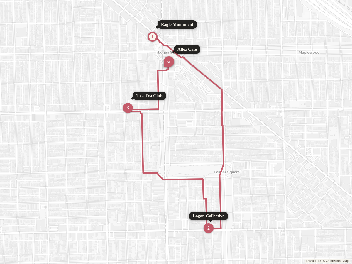 Walking route from Logan Square Blue Line / Illinois Centennial (Eagle) Monument to Allez Café, with stops along the way.