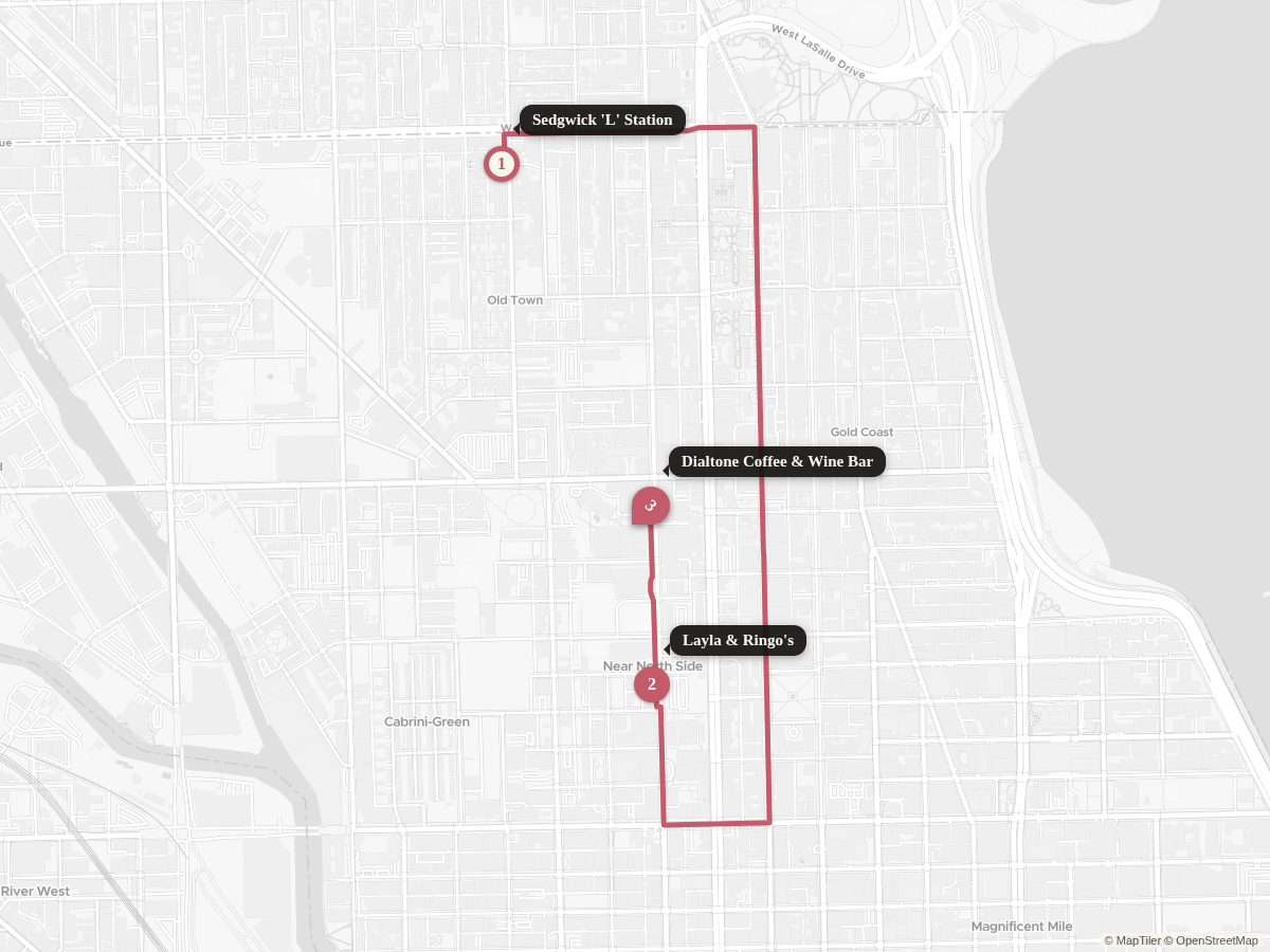 Walking route from Sedgwick Brown/Purple Line (Sedgwick & North) to Dialtone Coffee & Wine Bar, with stops along the way.