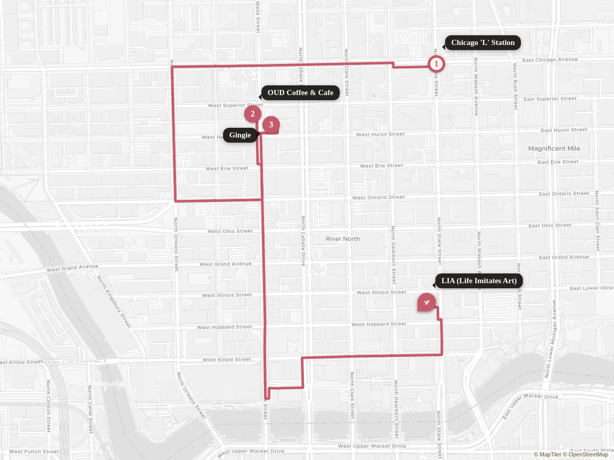 Walking route from Chicago Red Line (Chicago & State) to LIA (Life Imitates Art), with stops along the way.