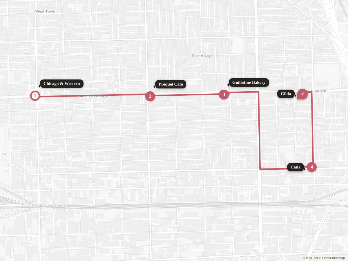 Walking route from Chicago Ave & Western Ave to Gilda, with stops along the way.