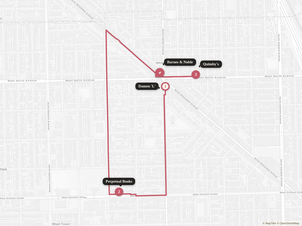 Walking route from Damen Blue Line — the Six Corners (North & Damen & Milwaukee) to Barnes & Noble, with stops along the way.